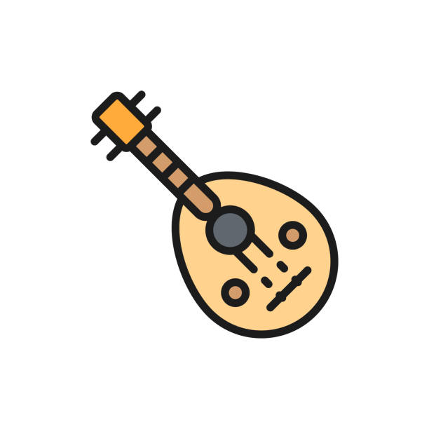 illustrazioni stock, clip art, cartoni animati e icone di tendenza di oud, icona della linea di colori piatti dello strumento musicale tradizionale arabo. - guitar celebration line art musical instrument