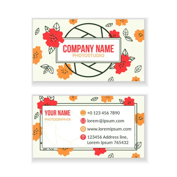 Vector illustration of Creative business card template with diaphragm and flowers for a photographer in flat style.
