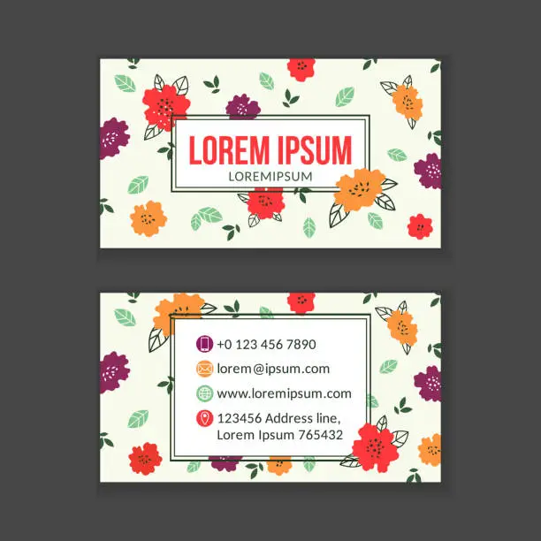 Vector illustration of Creative business card template with floral background in flat style.