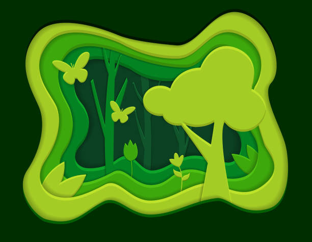 istock Summer green background with tree, flowers and butterfly. Paper cut vector illustration 1195714933