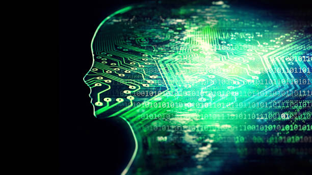 istock Close up of abstract profile with digital effect in artificial intelligence concept 1195715363