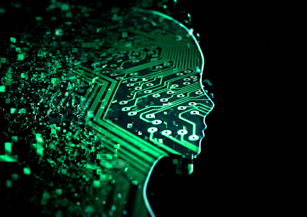 istock Close up of abstract profile with digital effect in artificial intelligence concept 1195715380