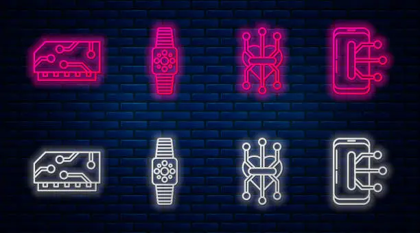 Vector illustration of Set line Smartwatch, Processor, RAM, random access memory and Smartphone, mobile phone. Glowing neon icon on brick wall. Vector