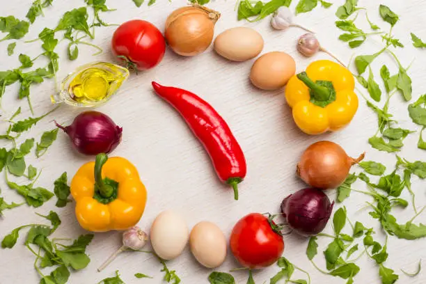 Photo of set of vegetables for healthy diet, yellow and red peppers,
