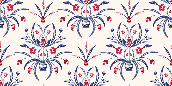 Blue and Red Traditional Damask Chintz Floral Vector Seamless Pattern. Classic Background