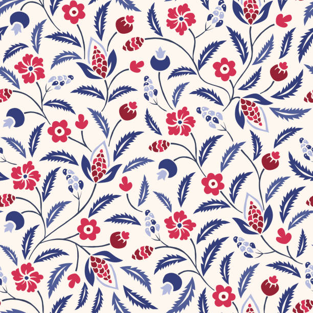 niebieski i czerwony tradycyjny chintz kwiatowy wektor bezszwowy wzór. klasyczne tło - tudor style illustrations stock illustrations