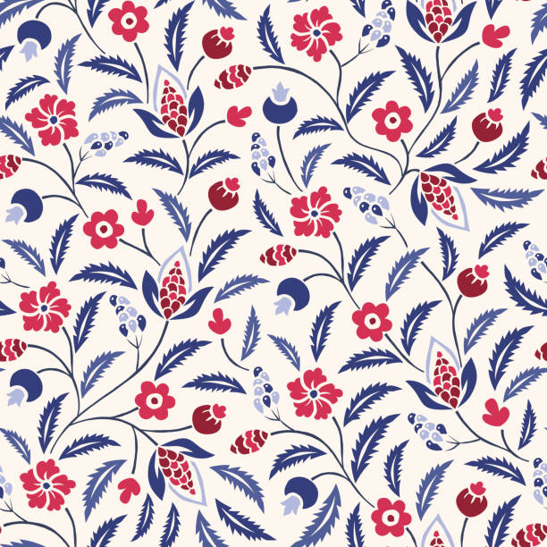 Blue and Red Traditional Chintz Floral Vector Seamless Pattern. Classic Background Blue and Red Traditional Floral Chintz Vector Seamless Pattern. Bright Classic Scrolling Flowers and Foliage Background Perfect for Textiles and Fashion. tudor style stock illustrations