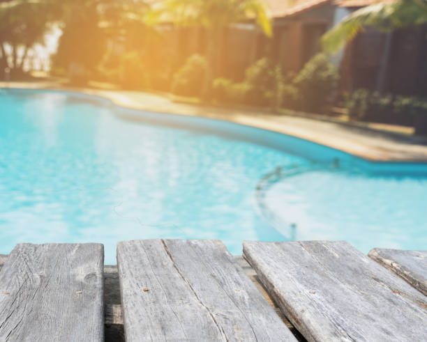 istock empty wooden table on the blurred background of the pool 1195726323