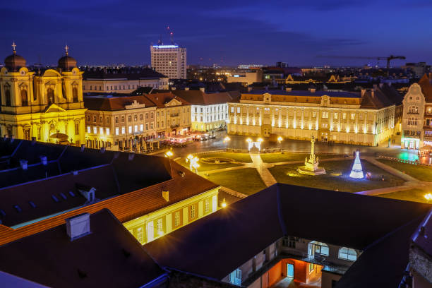 Timisoara, Romania Union Square seen from an aerial point during the Christmas time. Photo taken on 15th of December 2019 Timisoara, Timis County, Romania. stone bench top view stock pictures, royalty-free photos & images