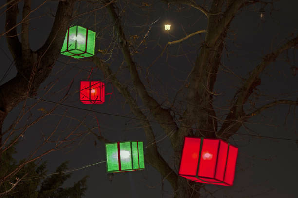 Colorful lamps light boxes to illuminate the dead celebration party in Mexico City