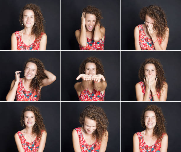 istock Curly haired woman smiling expressions 1195727283