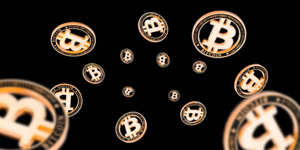 istock Bitcoin wallet. Gold Falling Cryptomoney isolated on dark. Litecoin, Ethereum Cryptocurrency background. 1195730601