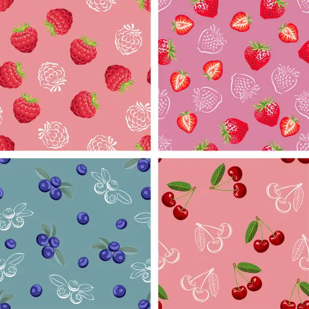 Vector illustration of Berry seamless pattern set. Vector illustration of ripe berries and white outline in flat style.  Vector cherry, strawberry, blueberry and raspberry. Berry color background.