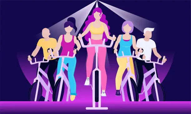 Vector illustration of Faceless group of people on exercycles in exercising class. Colorful vector horizontal illustration for web and printing.