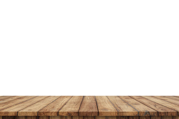 renderizado 3d, mesa superior de madera sobre blackgroud blanco aislado - wood table fotografías e imágenes de stock