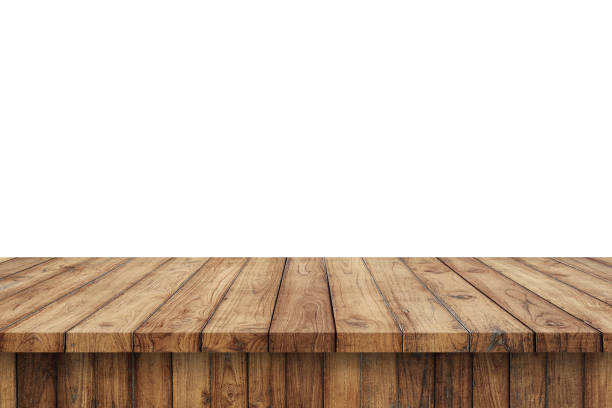 renderizado 3d, mesa superior de madera sobre blackgroud blanco aislado - wood table fotografías e imágenes de stock