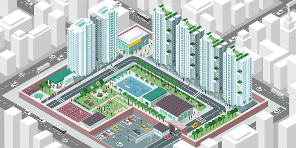 Isometric aerial view of a contemporary efficient cooperative housing society with services, facilities and people, real estate and lifestyle concept