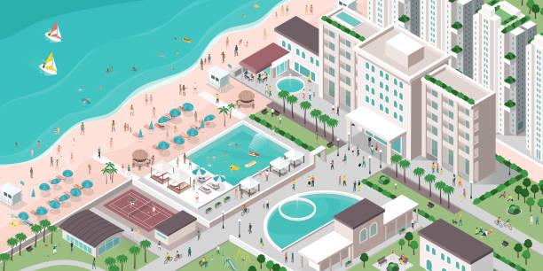 luxus-hotelresort mit menschen, gebäuden und strand - isometric sea coastline beach stock-grafiken, -clipart, -cartoons und -symbole