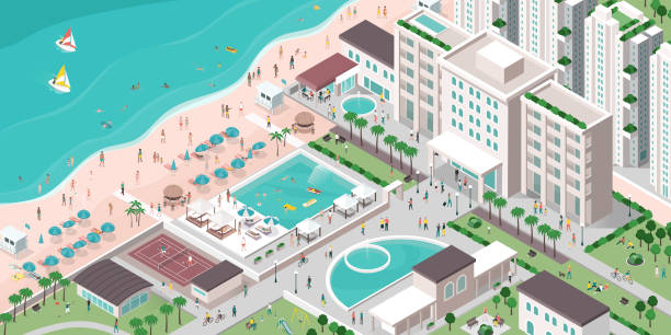 ilustraciones, imágenes clip art, dibujos animados e iconos de stock de resort hotelero de lujo con gente, edificios y playa - lugar turístico