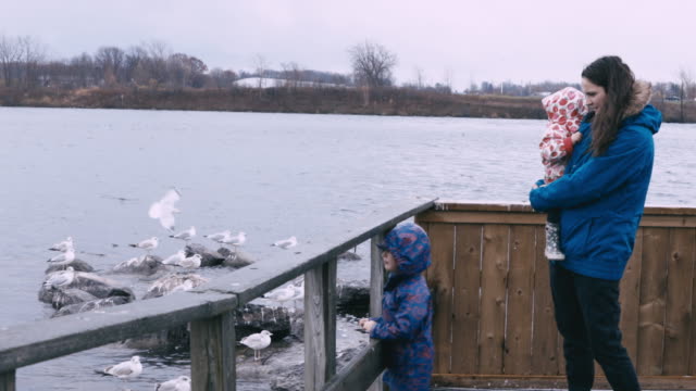 Mother and Son Enjoying Feeding the Ducks Near the Lake