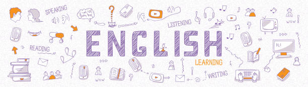 Header for websites about learning English language with outline icons, symbols, signs on white background. Illustration of students, book, dictionary, speaking, reading, writing, listening skills Header for websites about learning English language with outline icons, symbols, signs on white background. Illustration of students, book, dictionary, speaking, reading, writing, listening skills english culture stock illustrations