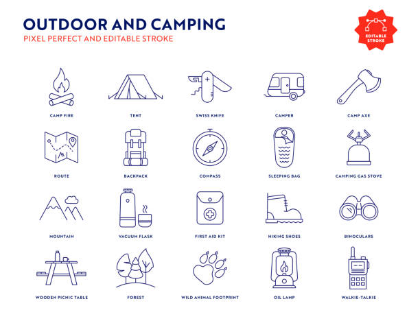 outdoor- und camping-icon-set mit bearbeitbarem strich und pixel perfekt. - zelt stock-grafiken, -clipart, -cartoons und -symbole