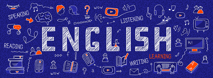 Internet banner about learning English language: white outline icons, symbols, signs on blue background. Line art illustration: learners, book, dictionary, speaking, reading, writing, listening skills