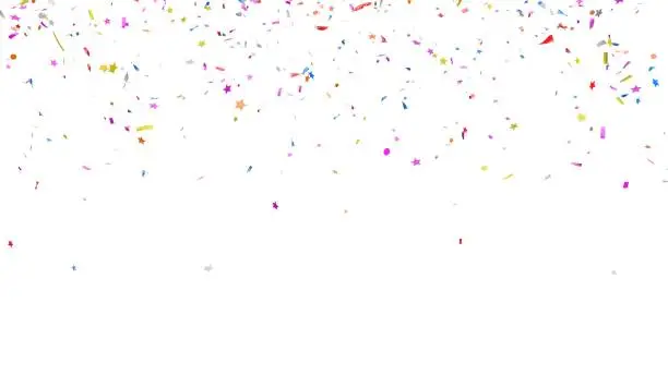 Photo of Multicolor confetti abstract background with a lot of falling pieces, isolated on a white background. Festive decorative tinsel element for design.