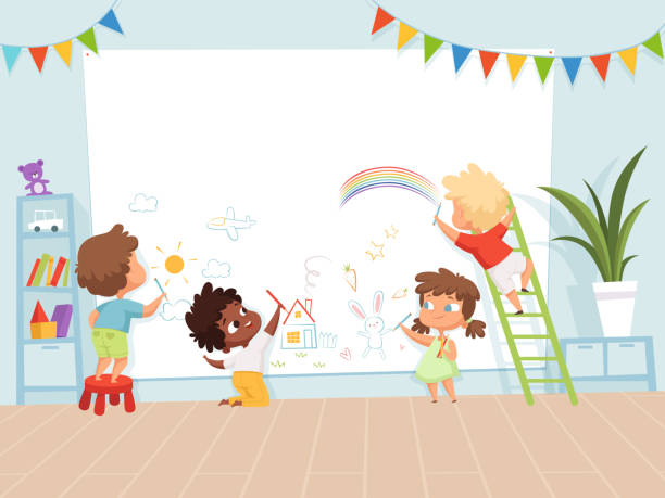 illustrazioni stock, clip art, cartoni animati e icone di tendenza di bambini che disegnano pittura. processo di educazione scolastica per bambini sfondo della creatività immagine vettoriale dell'infanzia - child preschool backgrounds baby