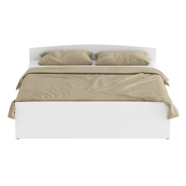 istock White wooden double bed with beige linen. Front view. 3d rendering 1195752961