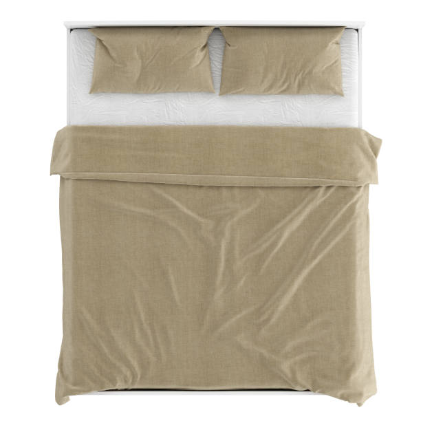 istock White wooden double bed with beige linen. Top view. 3d rendering 1195753120