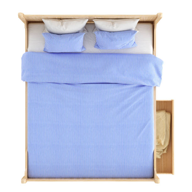 istock Light wood double bed with blue linen on a white background. 3d rendering 1195753164