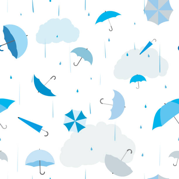Umbrellas, clouds and rain. Vector seamless pattern in blue. metcast stock illustrations