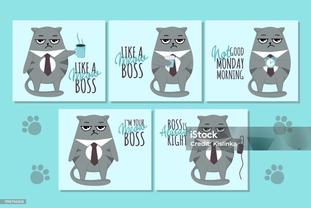 Grumpy Cat Boss Cards With Funny Inscriptions Cartoon Style Business Stock Illustration - Image Now - iStock