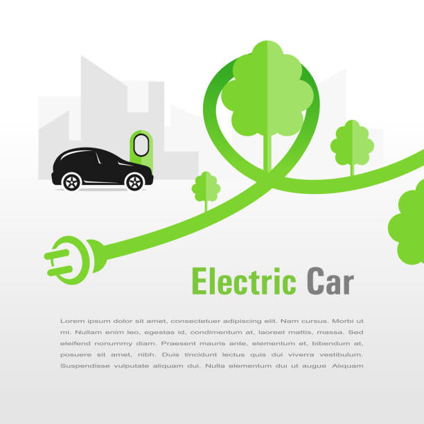 istock Electric car silhouette car and cable plug charging city background 1195755423