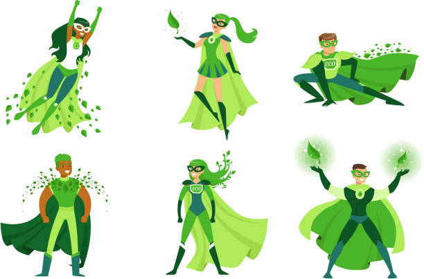 ilustrações, clipart, desenhos animados e ícones de super-heróis eco vestindo trajes verdes vector ilustrações set - recycling green environment superhero