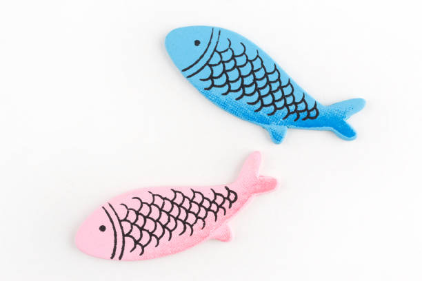 istock Colorful wooden fish on white background 1195757583