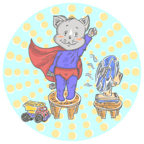 Illustration with cute little cat superhero. Illustration with cute little cat superhero. Can be used for baby t-shirt print, fashion print design, kids wear, baby shower celebration greeting and invitation card. ventilator background stock illustrations
