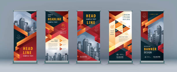 Business Roll Up Set. Standee Design. Banner Template, Abstract Geometric Triangle vector Business Roll Up Set. Standee Design. Banner Template, Abstract Geometric Triangle vector Brochures, flyer, presentation, leaflet, j-flag, x-stand, x-banner, exhibition display, Ribbon stripe, Dynamic triangular geometric shapes. booth design stock illustrations