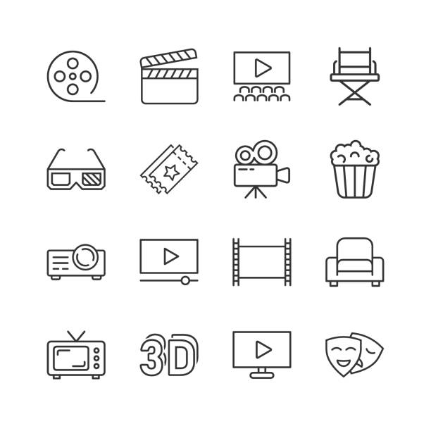 ilustrações, clipart, desenhos animados e ícones de ícone da linha do cinema no estilo liso. ilustração do vetor do jogo do entretenimento no fundo isolado branco. conceito de negócios de mídia de cinema. - computer icon symbol icon set media player