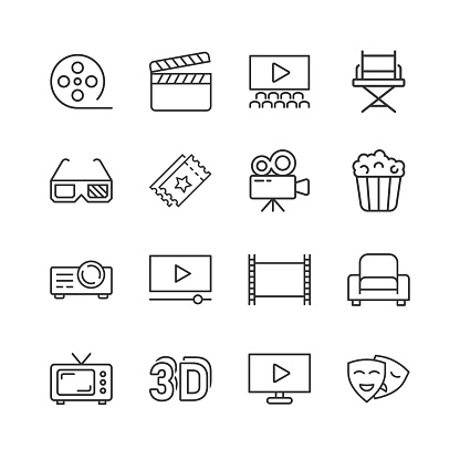 Cinema line icon in flat style. Entertainment set vector illustration on white isolated background. Movie media business concept.