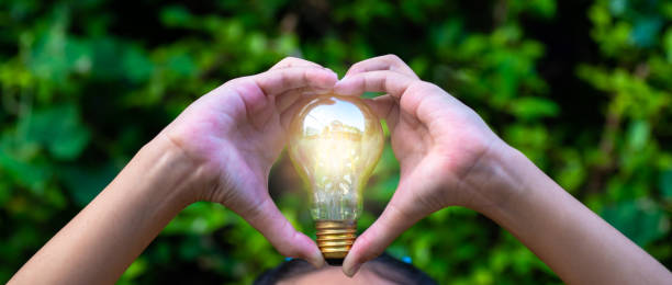 istock LED Bulb with lighting on hand with nature background . 1195765518