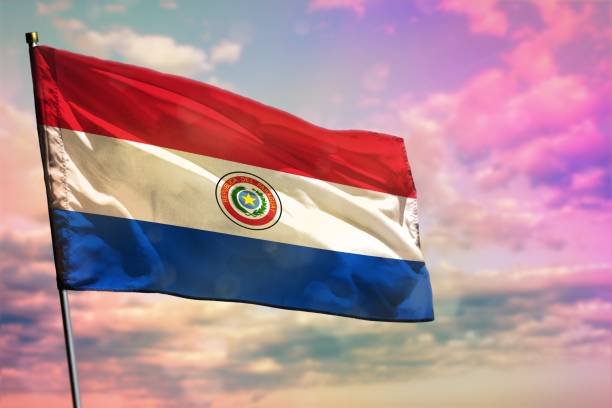 istock Fluttering Paraguay flag on colorful cloudy sky background. Prosperity concept. 1195765602