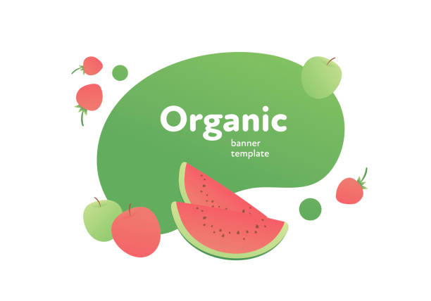 illustrazioni stock, clip art, cartoni animati e icone di tendenza di banner fluido moderno frutta vettoriale. colorati frutti sfumati orgainici su cornice a forma di spruzzo verde isolata su sfondo bianco. illustrazione di design per poster web eco, menu veggy, sfondo, poster, scheda - orgainic