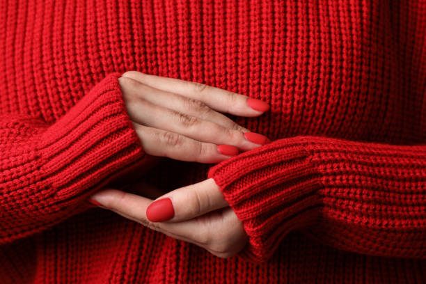 istock Woman hands, stylish red manicure, space for text. Closeup 1195765707
