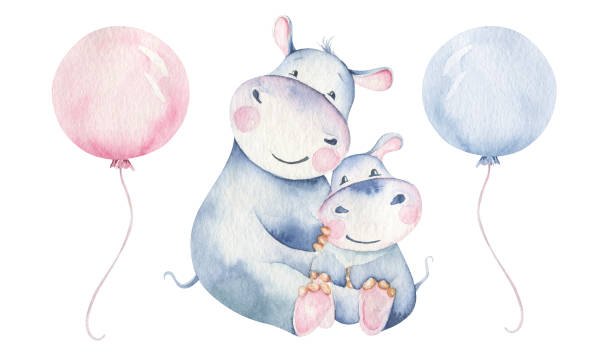 Hand drawn cute isolated tropical summer watercolor hippo animals. hippopotamus baby and mother cartoon animal illustrations, jungle tree, brazil trendy design. Aloha collection. Hand drawn cute isolated tropical summer watercolor hippo animals. hippopotamus baby and mother cartoon animal illustrations, jungle tree, brazil trendy design. animal family stock illustrations