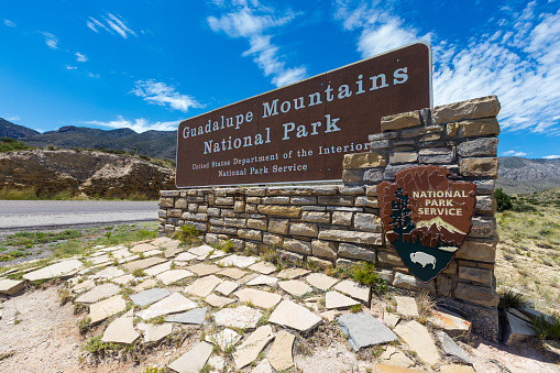 Salt Flat, TX / USA - July 9, 2019: Guadalupe Mountains National Park sign in Salt Flat, TX, with Copy Space