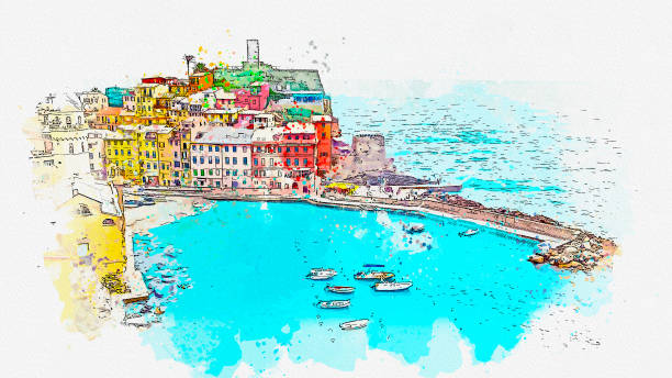 Watercolor picture of Beautiful landscape view  Vernazza famous landmark at Cinque terre Italy. Watercolor picture of Beautiful landscape view  Vernazza famous landmark at Cinque terre Italy. spezia stock illustrations