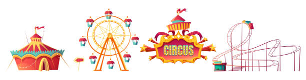 ilustraciones, imágenes clip art, dibujos animados e iconos de stock de parque de atracciones, carnaval o caricatura de la feria festiva - ferris wheel carnival amusement park wheel