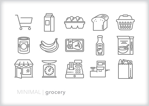 Set of 15 gray grocery line icons of common food and drink icons, including shopping basket, cart and check out items